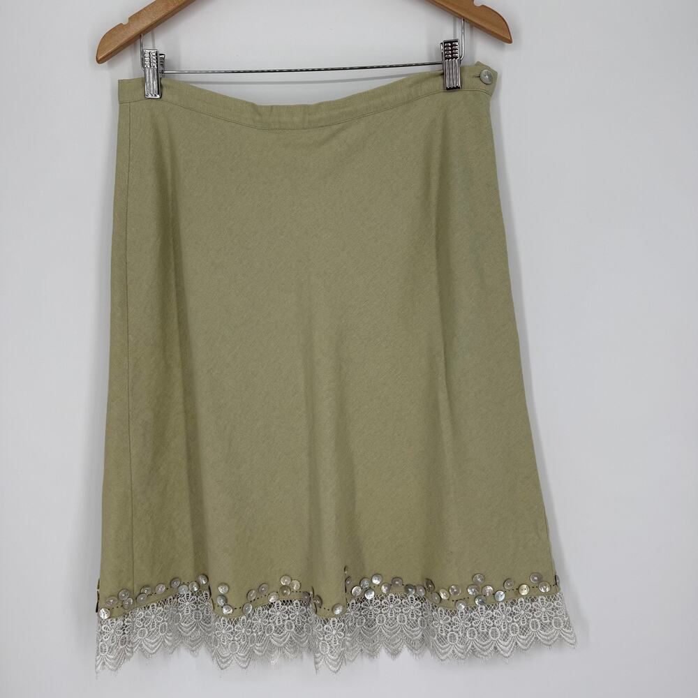 Vintage April Cornell Linen Skirt SZ L Lace Button Accent Trim Cottage Country